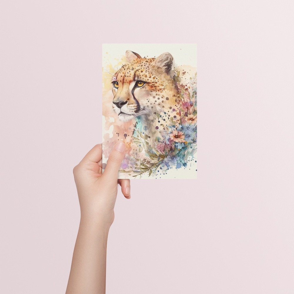Cute Floral Cheetah Watercolor Wall Art Illustration Print Poster Card Unframed - Picture 5 of 8